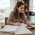 Mujer revisando planos y documentos financieros con calculadora en oficina moderna