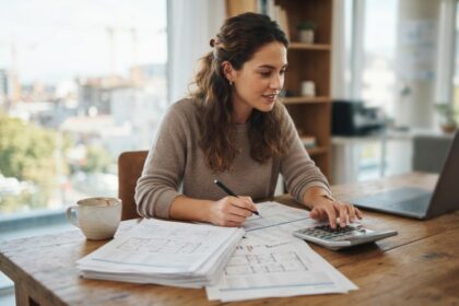 Mujer revisando planos y documentos financieros con calculadora en oficina moderna