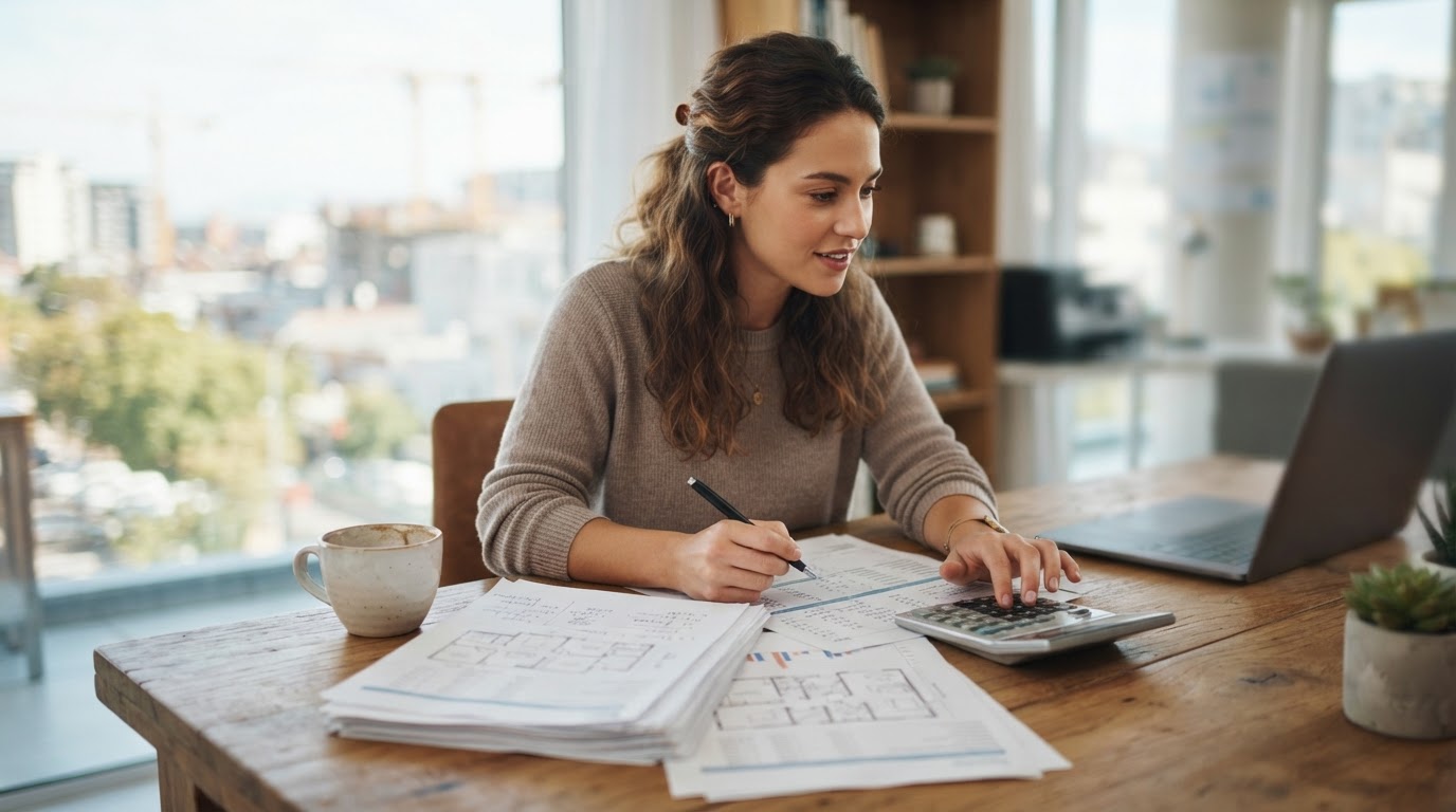 Mujer revisando planos y documentos financieros con calculadora en oficina moderna