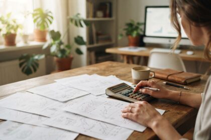 Mujer calculando cifras financieras con papeles y gráficos dibujados a mano