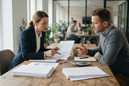 Dos profesionales revisando gráficos financieros en oficina moderna