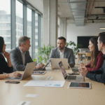 Equipo de trabajo en reunión con laptops y tablets en oficina moderna