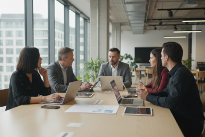 Equipo de trabajo en reunión con laptops y tablets en oficina moderna
