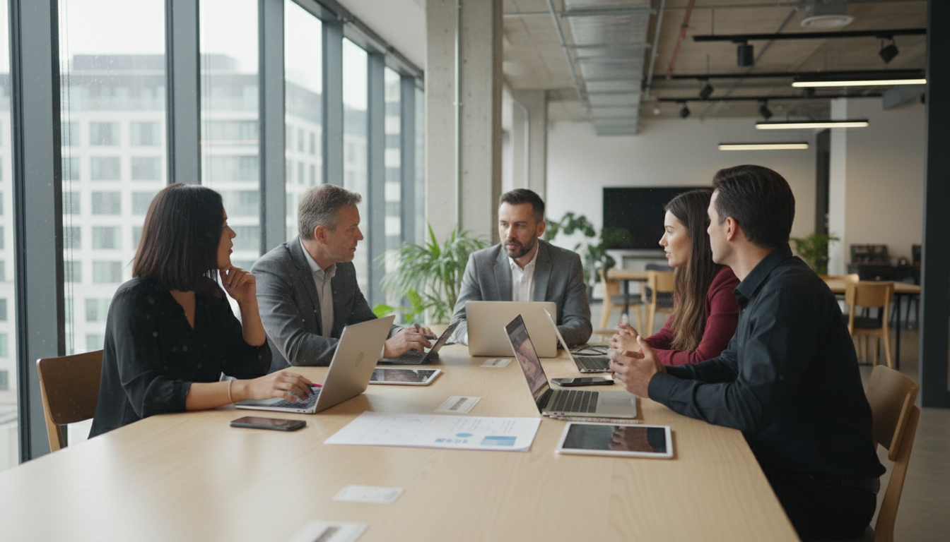 Equipo de trabajo en reunión con laptops y tablets en oficina moderna