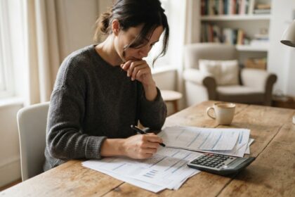 Persona revisando documentos financieros con calculadora en un escritorio de madera