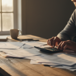Persona usando una calculadora mientras revisa documentos financieros impresos en un escritorio de madera
