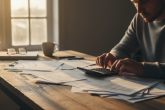 Persona usando una calculadora mientras revisa documentos financieros impresos en un escritorio de madera