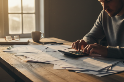 Persona usando una calculadora mientras revisa documentos financieros impresos en un escritorio de madera