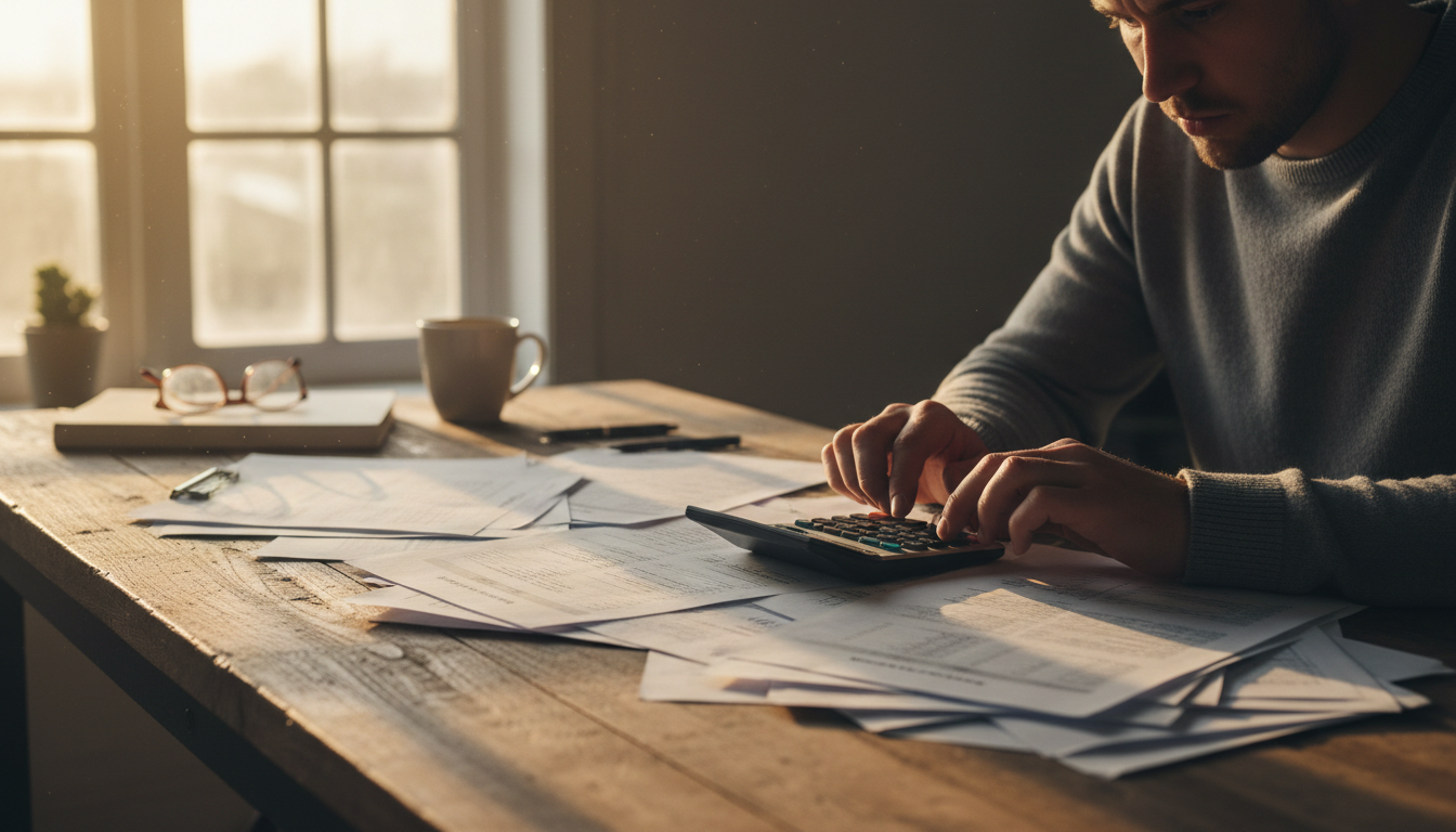 Persona usando una calculadora mientras revisa documentos financieros impresos en un escritorio de madera