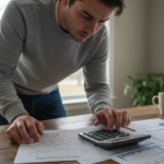 Hombre calculando cifras financieras con documentos y calculadora en un escritorio