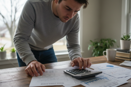 Hombre calculando cifras financieras con documentos y calculadora en un escritorio