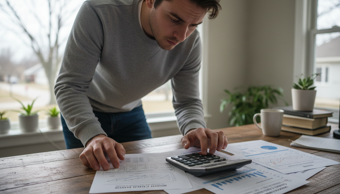 Hombre calculando cifras financieras con documentos y calculadora en un escritorio