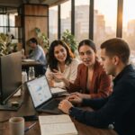 Equipo de trabajo revisando gráficos en laptop en una oficina moderna