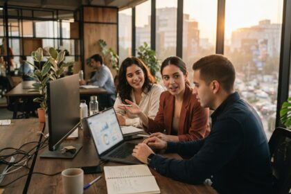 Equipo de trabajo revisando gráficos en laptop en una oficina moderna