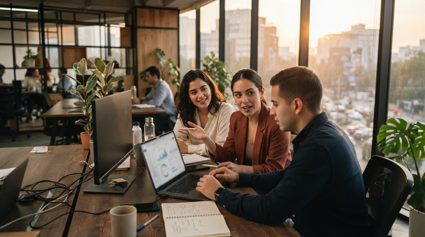 Equipo de trabajo revisando gráficos en laptop en una oficina moderna