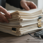 Pila de documentos de un contrato de arrendamiento junto a una calculadora y unos lentes sobre un escritorio