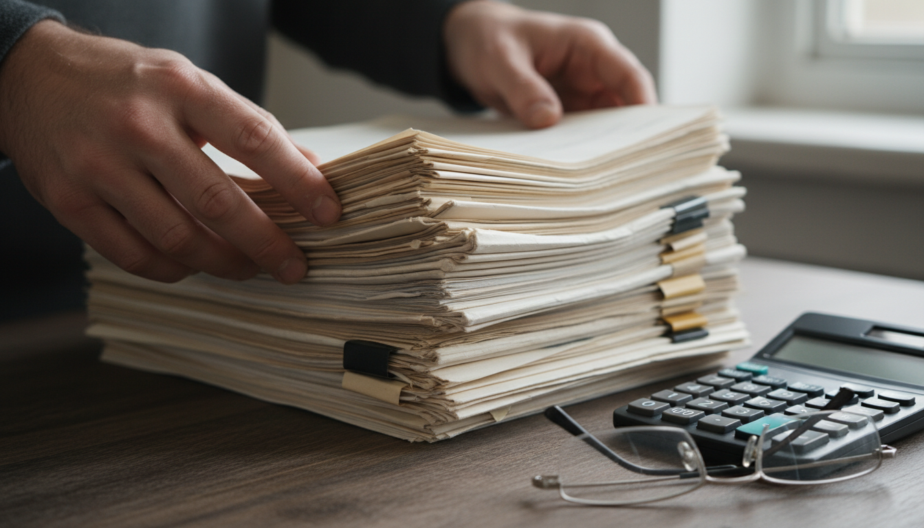 Pila de documentos de un contrato de arrendamiento junto a una calculadora y unos lentes sobre un escritorio