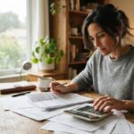 Una mujer compara ofertas de crédito con una calculadora y varios documentos sobre una mesa de madera