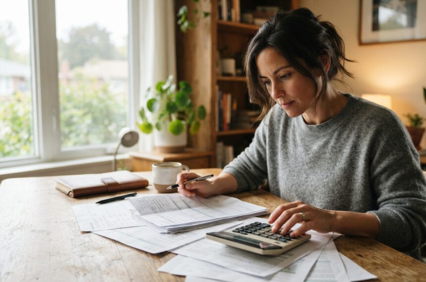 Una mujer compara ofertas de crédito con una calculadora y varios documentos sobre una mesa de madera