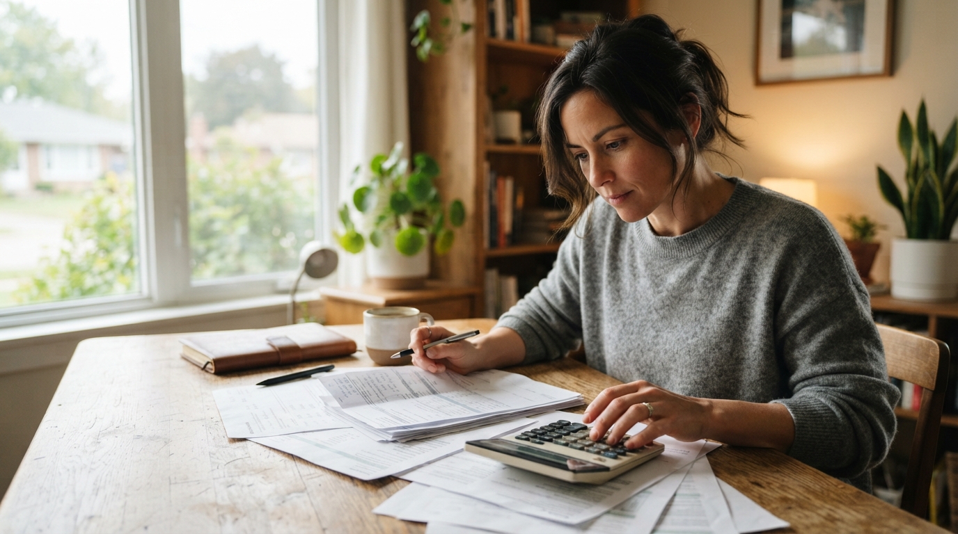 Una mujer compara ofertas de crédito con una calculadora y varios documentos sobre una mesa de madera