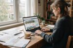 Una mujer revisa anuncios de viviendas y mapas en su portátil, con folletos inmobiliarios sobre la mesa