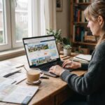 Una mujer revisa anuncios de viviendas y mapas en su portátil, con folletos inmobiliarios sobre la mesa