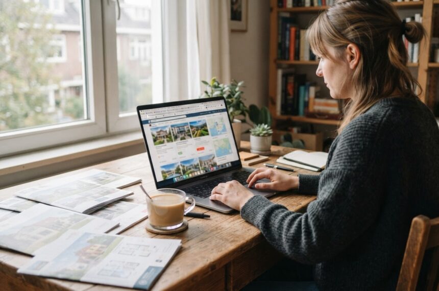 Una mujer revisa anuncios de viviendas y mapas en su portátil, con folletos inmobiliarios sobre la mesa