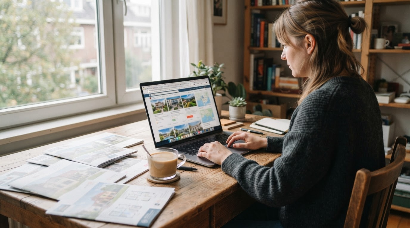 Una mujer revisa anuncios de viviendas y mapas en su portátil, con folletos inmobiliarios sobre la mesa