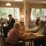 Sala común de una comunidad para adultos mayores, con personas que juegan un juego de mesa, leen y hacen ejercicios