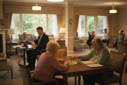 Sala común de una comunidad para adultos mayores, con personas que juegan un juego de mesa, leen y hacen ejercicios