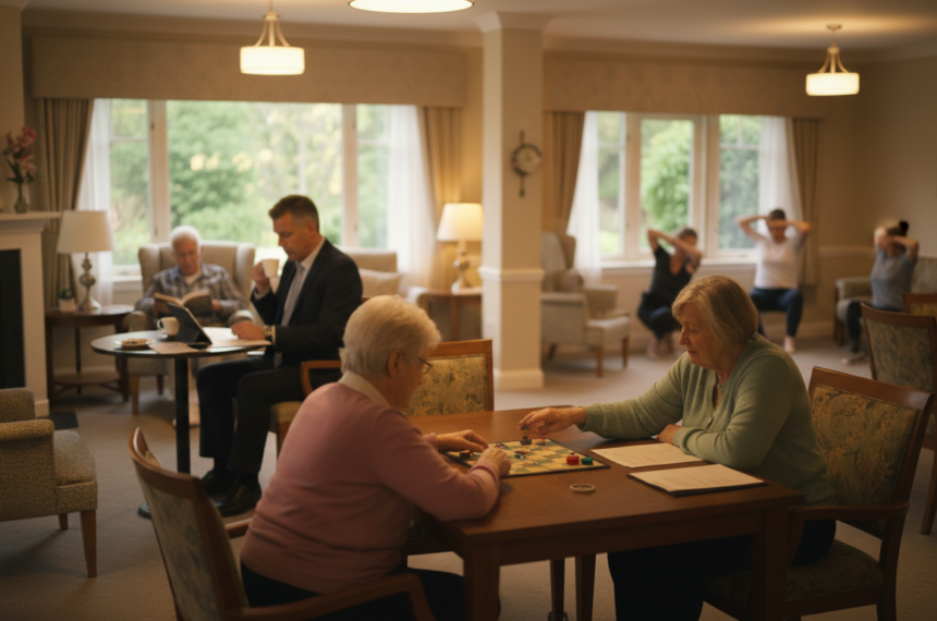 Sala común de una comunidad para adultos mayores, con personas que juegan un juego de mesa, leen y hacen ejercicios
