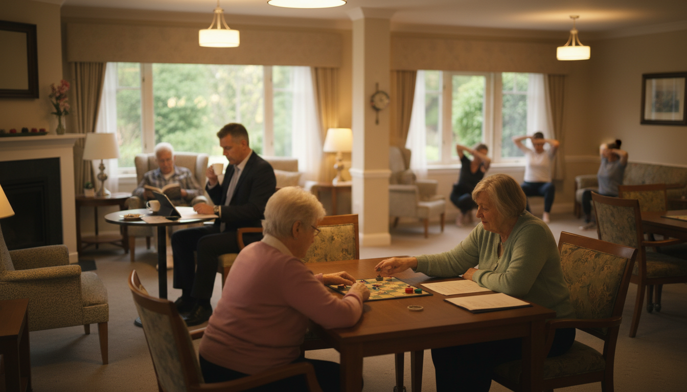 Sala común de una comunidad para adultos mayores, con personas que juegan un juego de mesa, leen y hacen ejercicios