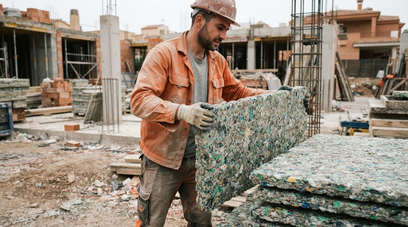 Plástico reciclado construcción en España impulsa ahorro y retos logísticos reales