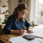 Una mujer calcula gastos con una calculadora y papeles sobre la mesa de su casa