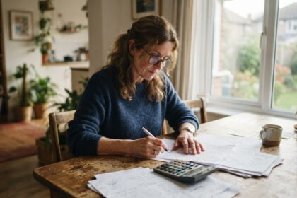 Una mujer calcula gastos con una calculadora y papeles sobre la mesa de su casa