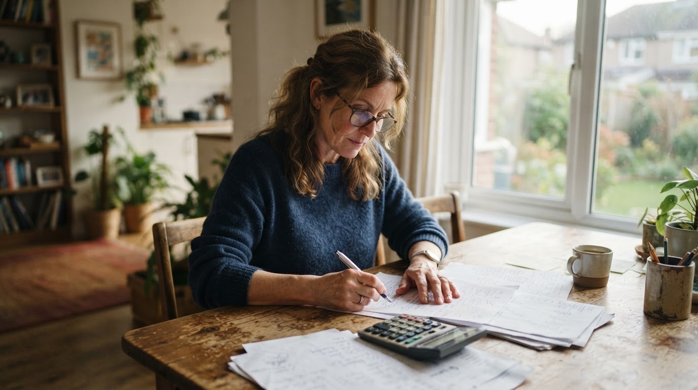 Una mujer calcula gastos con una calculadora y papeles sobre la mesa de su casa
