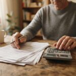 Una persona revisa un fajo de documentos y usa una calculadora sobre una mesa de madera