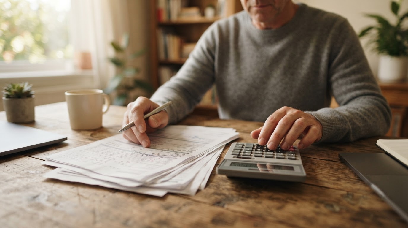 Una persona revisa un fajo de documentos y usa una calculadora sobre una mesa de madera