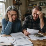 Una pareja preocupada revisa facturas y documentos con una calculadora sobre la mesa de la cocina, para ilustrar el peso de la cuota de la vivienda