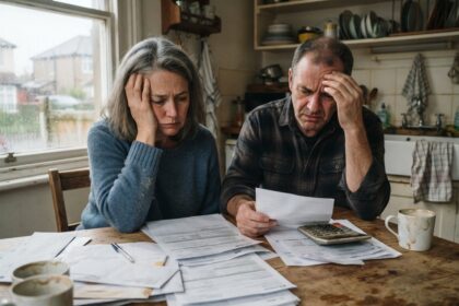 Una pareja preocupada revisa facturas y documentos con una calculadora sobre la mesa de la cocina, para ilustrar el peso de la cuota de la vivienda