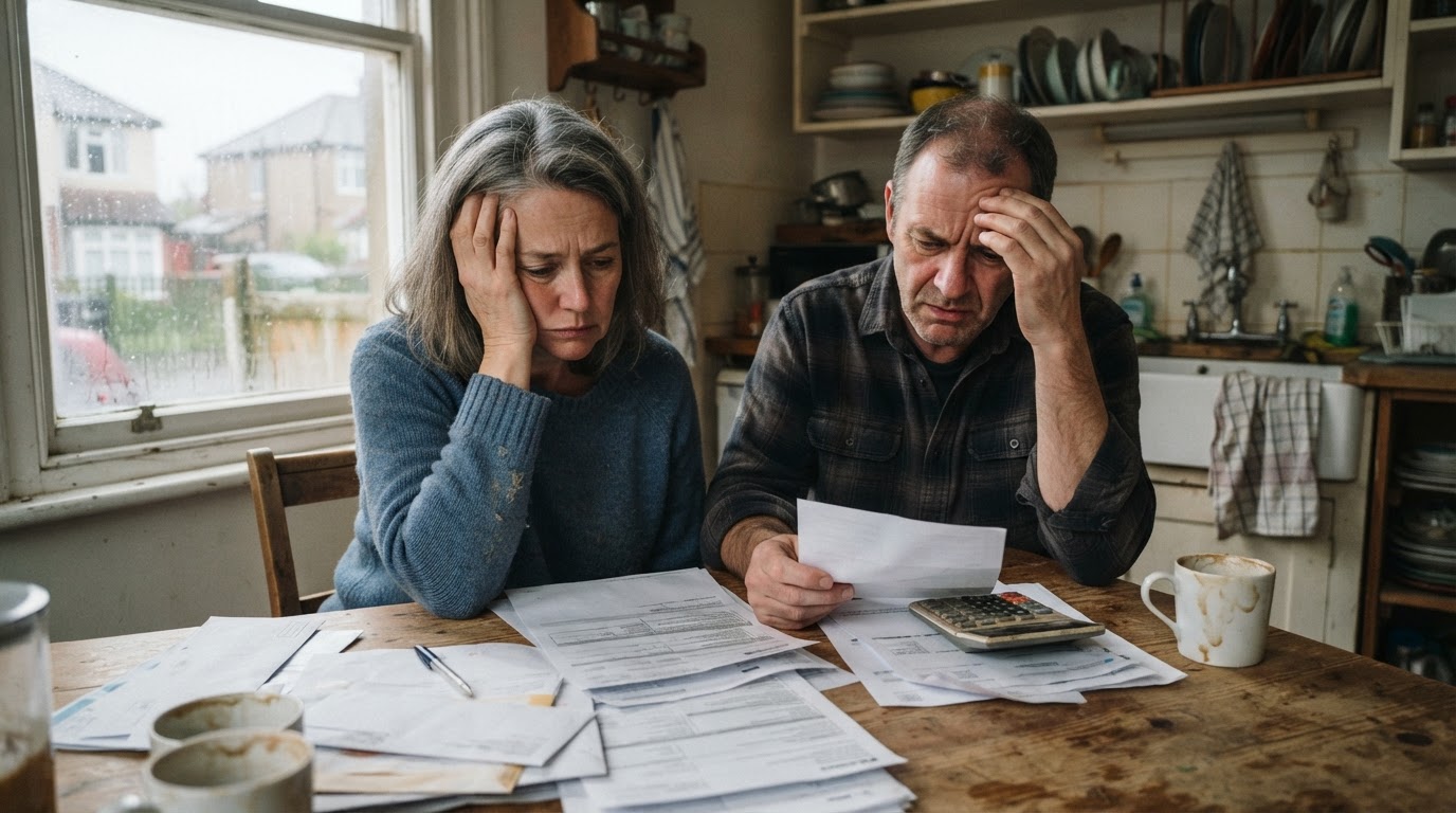 Una pareja preocupada revisa facturas y documentos con una calculadora sobre la mesa de la cocina, para ilustrar el peso de la cuota de la vivienda