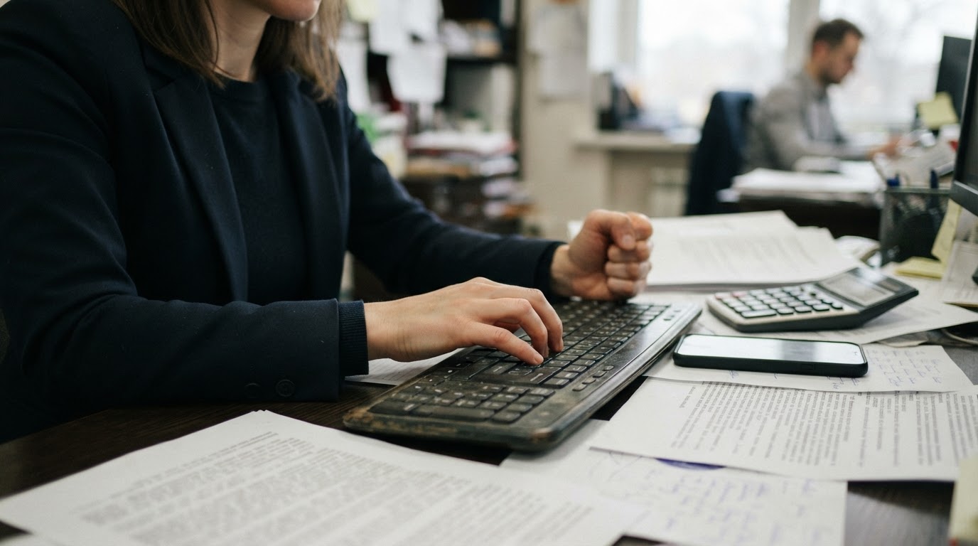 Persona escribiendo en un teclado en una oficina, con documentos, una calculadora y un teléfono sobre el escritorio, para ilustrar la gestión de cobros con software
