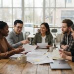 Grupo de personas reunidas alrededor de una mesa de trabajo, revisando documentos y planos de un proyecto de vivienda