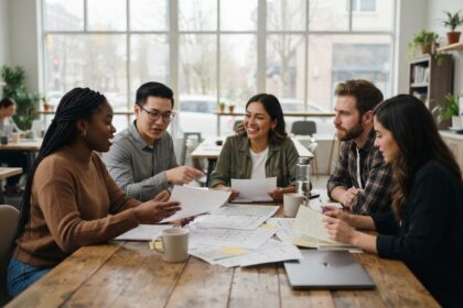 Grupo de personas reunidas alrededor de una mesa de trabajo, revisando documentos y planos de un proyecto de vivienda