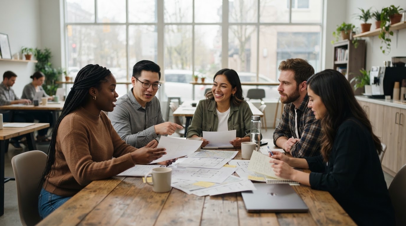 Grupo de personas reunidas alrededor de una mesa de trabajo, revisando documentos y planos de un proyecto de vivienda