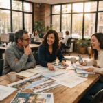 Equipo de una inmobiliaria revisando planos y folletos de viviendas en una oficina con grandes ventanales
