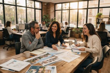 Equipo de una inmobiliaria revisando planos y folletos de viviendas en una oficina con grandes ventanales