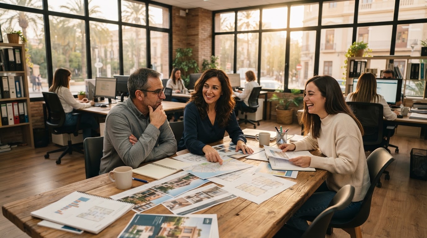Equipo de una inmobiliaria revisando planos y folletos de viviendas en una oficina con grandes ventanales