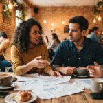 Cuatro personas conversan en una cafetería sobre papeles con gráficos de barras sobre la mesa