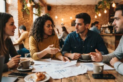 Cuatro personas conversan en una cafetería sobre papeles con gráficos de barras sobre la mesa